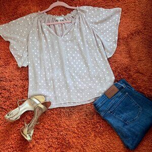 Vintage Lavender Brown Top – Large – US – Beige with Gold Polka Dots